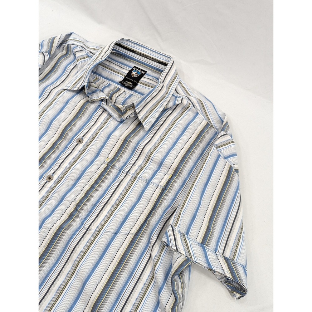 KUHL Shirt Suncel Men XL Button Up Short Sleeve Blue Striped Cotton Tencel